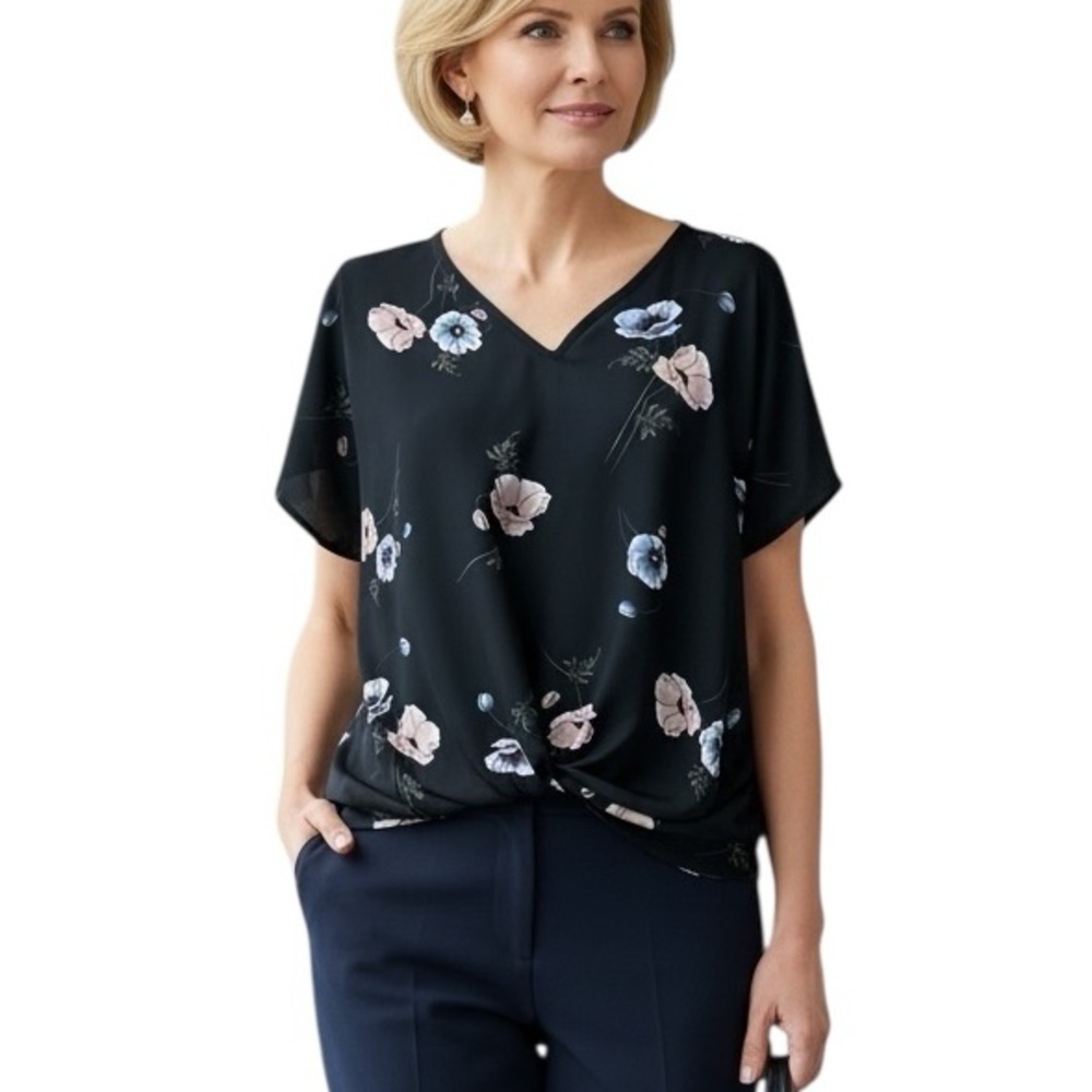 West Kei Medium Black Floral V-neck Twist Front Short Sleeve Blouse